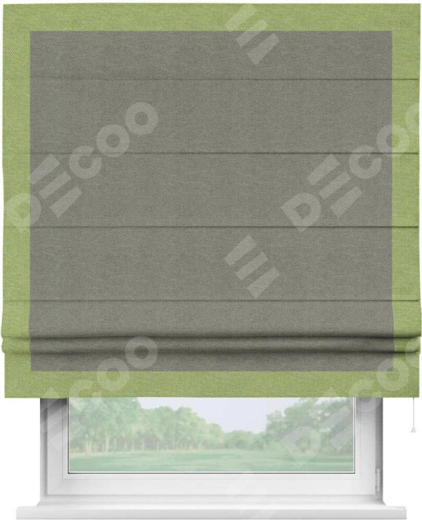 Римская штора «Кортин» с кантом Чесс, для проема, ткань лён димаут, стальной