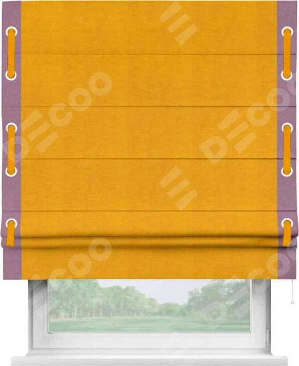 Римская штора «Кортин» с кантом Стрим Дуо (люверсы с пояском), для проема, ткань вельвет желтый