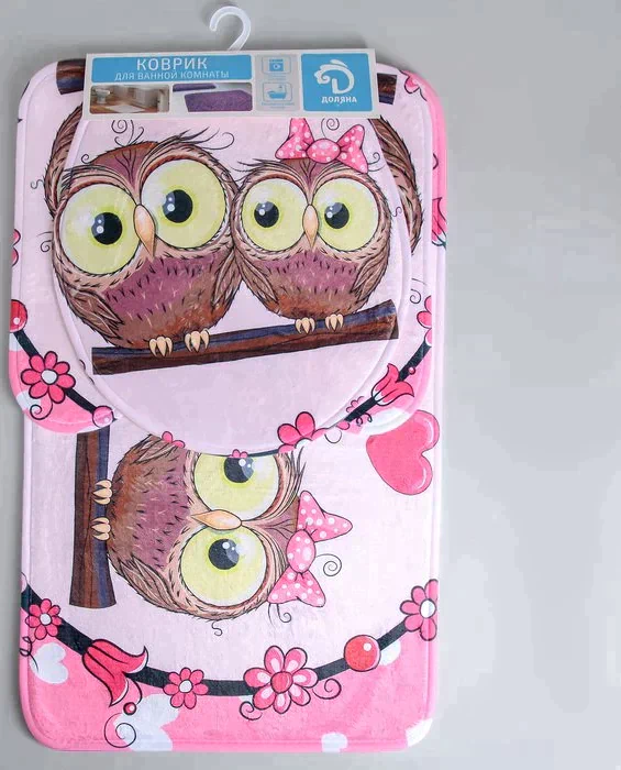Набор ковриков для ванны и туалета Доляна «Совушки на ветке», 3 шт: 38×45, 40×43, 43×73 см, цвет розовый