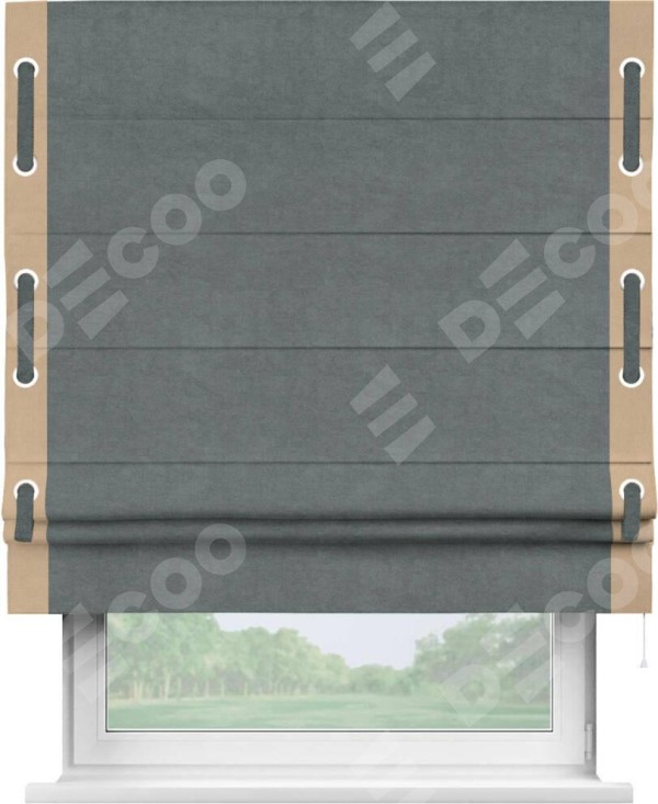 Римская штора «Кортин» с кантом Стрим Дуо (люверсы с пояском), для проема, ткань вельвет серый