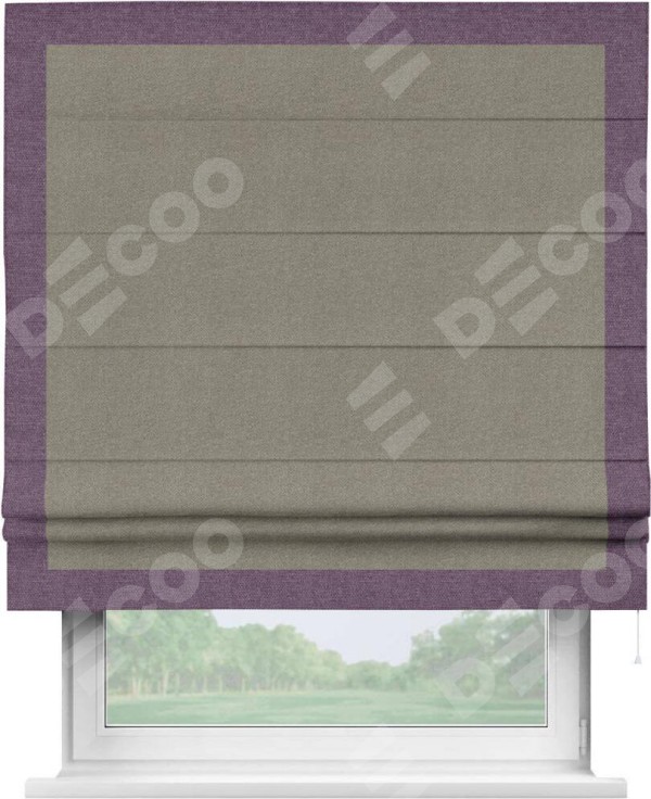 Римская штора «Кортин» с кантом Чесс, для проема, ткань лён димаут, серо-зелёный