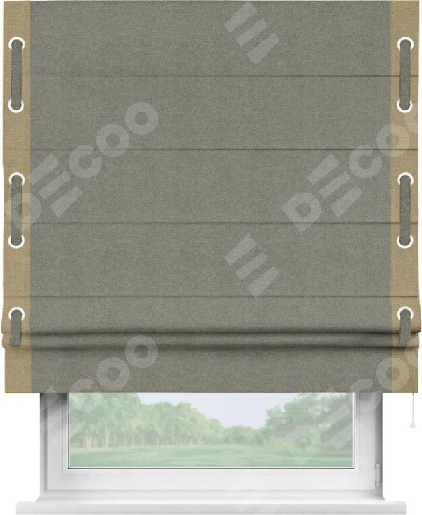 Римская штора «Кортин» с кантом Стрим Дуо (люверсы с пояском), для проема, ткань лён димаут, стальной