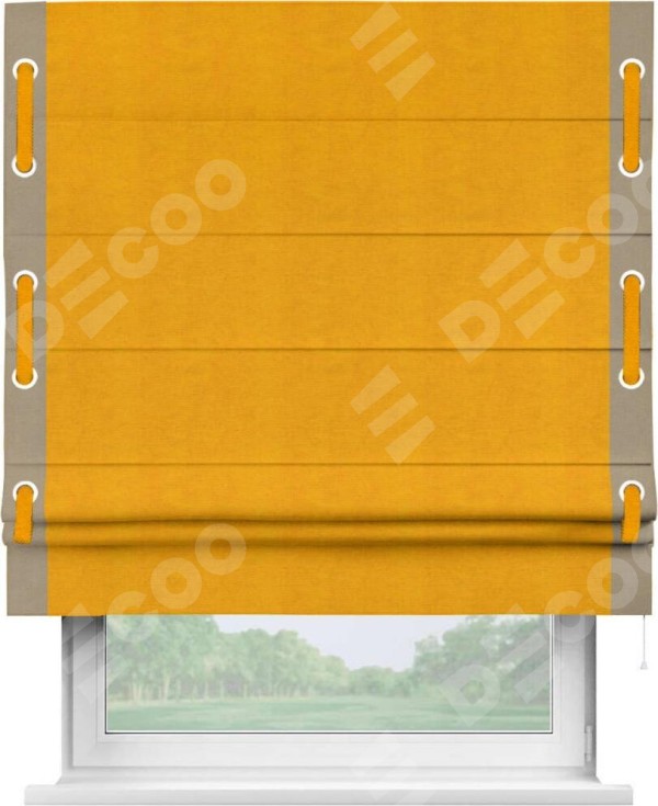Римская штора «Кортин» с кантом Стрим Дуо (люверсы с пояском), для проема, ткань вельвет желтый