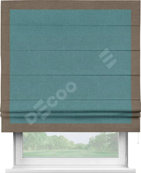 Римская штора «Кортин» с кантом Чесс, для проема, ткань лён бирюзовый