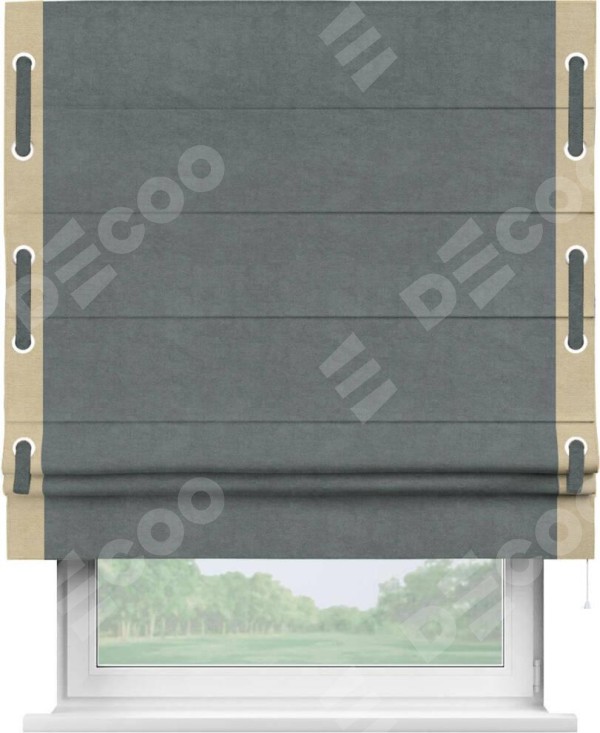 Римская штора «Кортин» с кантом Стрим Дуо (люверсы с пояском), для проема, ткань вельвет серый