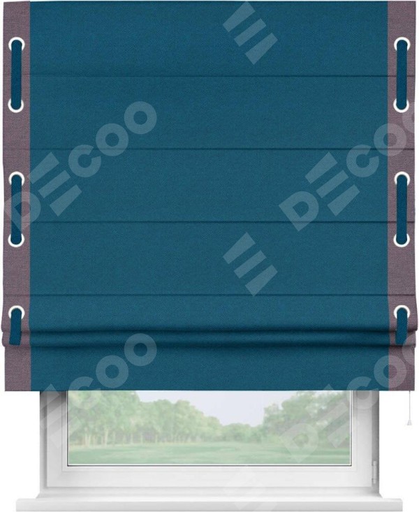 Римская штора «Кортин» с кантом Стрим Дуо (люверсы с пояском), для проема, ткань лён димаут, синий