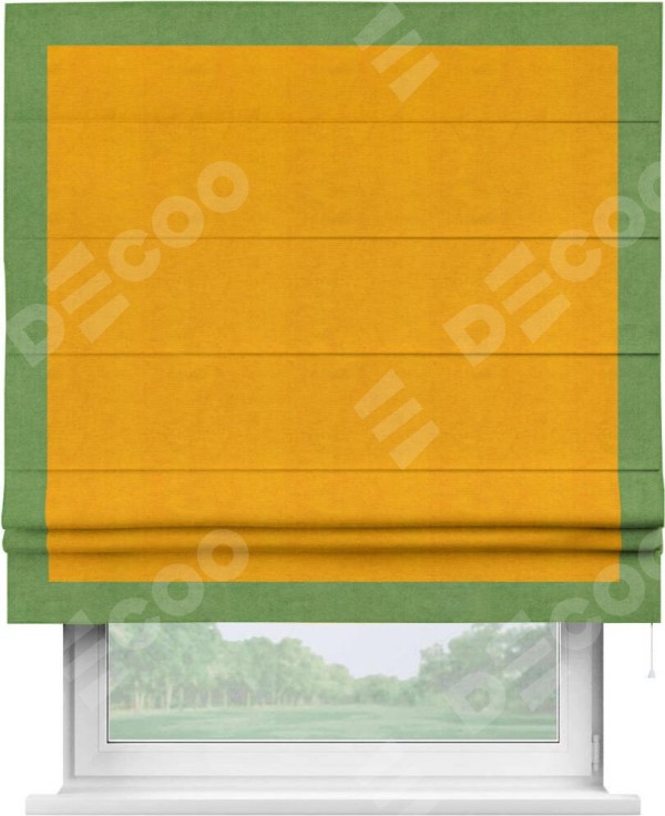 Римская штора «Кортин» с кантом Чесс, для проема, ткань вельвет желтый