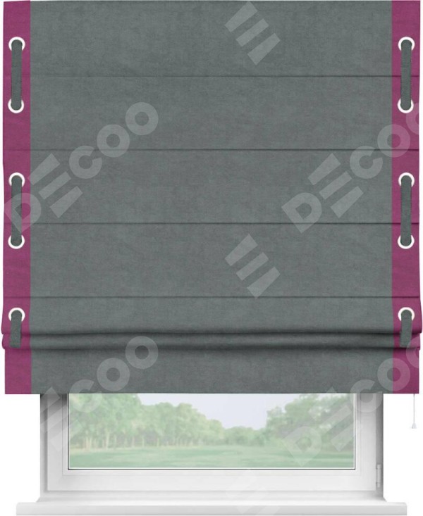 Римская штора «Кортин» с кантом Стрим Дуо (люверсы с пояском), для проема, ткань вельвет серый