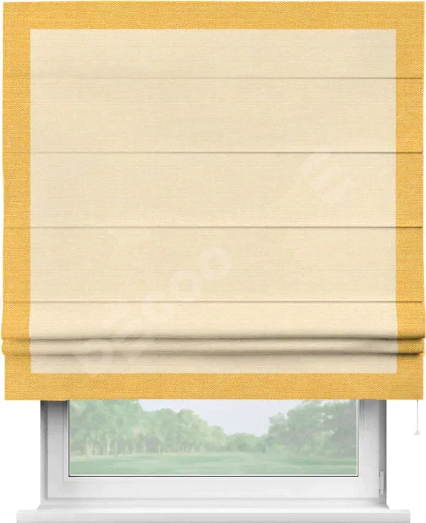 Римская штора «Кортин» с кантом Чесс, для проема, выполнена в ткани лён бежевый