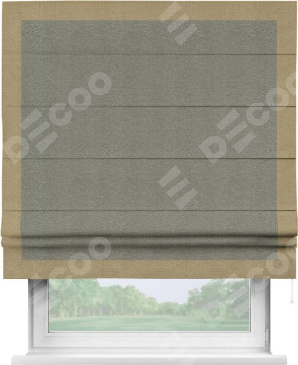 Римская штора «Кортин» с кантом Чесс, для проема, ткань лён димаут, стальной