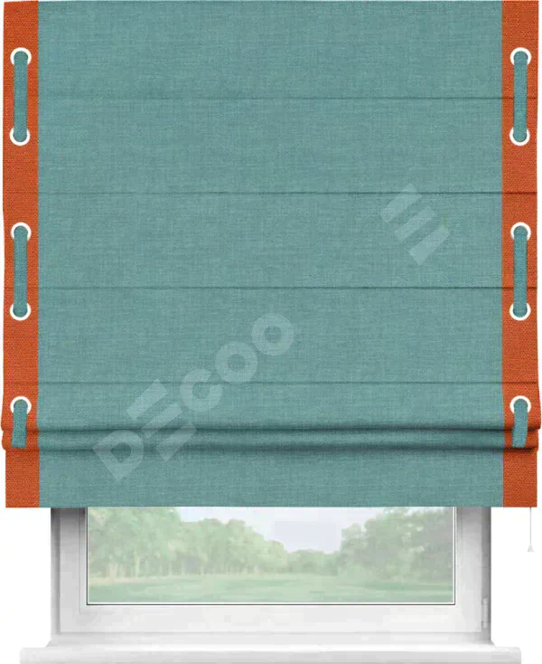 Римская штора «Кортин» с кантом Стрим Дуо (люверсы с пояском), для проема, ткань лён бирюза