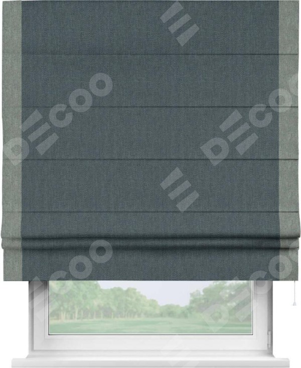 Римская штора «Кортин» с кантом Стрим Дуо, для проема, ткань лён димаут, серо-синий