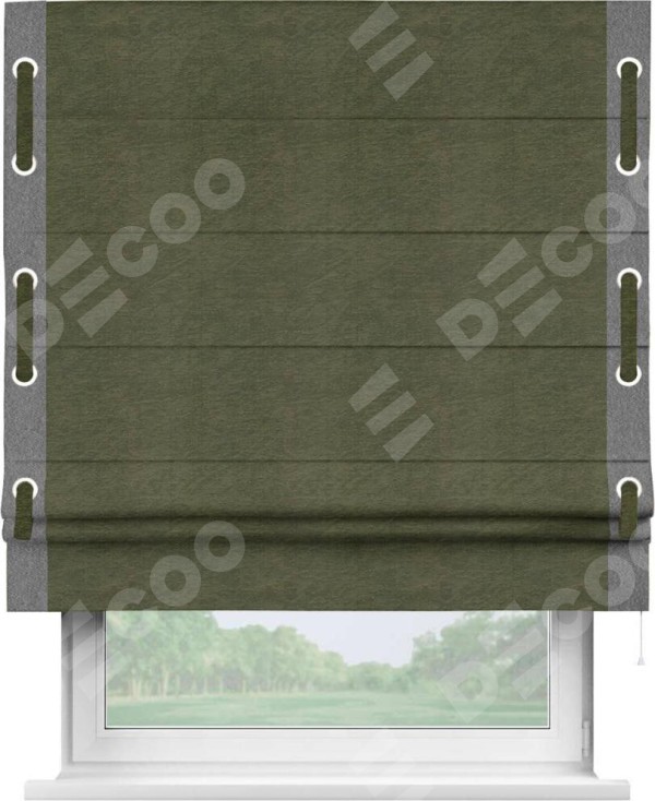 Римская штора «Кортин» с кантом Стрим Дуо (люверсы с пояском), для проема, ткань софт однотонный зелёный