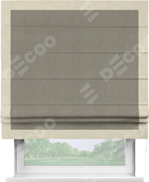 Римская штора «Кортин» с кантом Чесс, для проема, ткань лён димаут, серо-зелёный