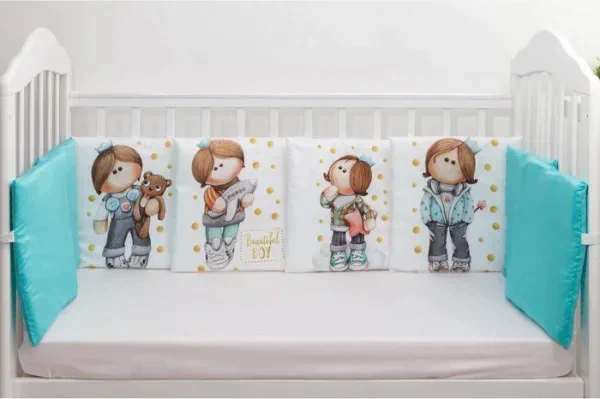 Бортики в роватку Крошка Я «Принц Тим», цвет белый/мятный, 35х35 см-8 шт, сатин